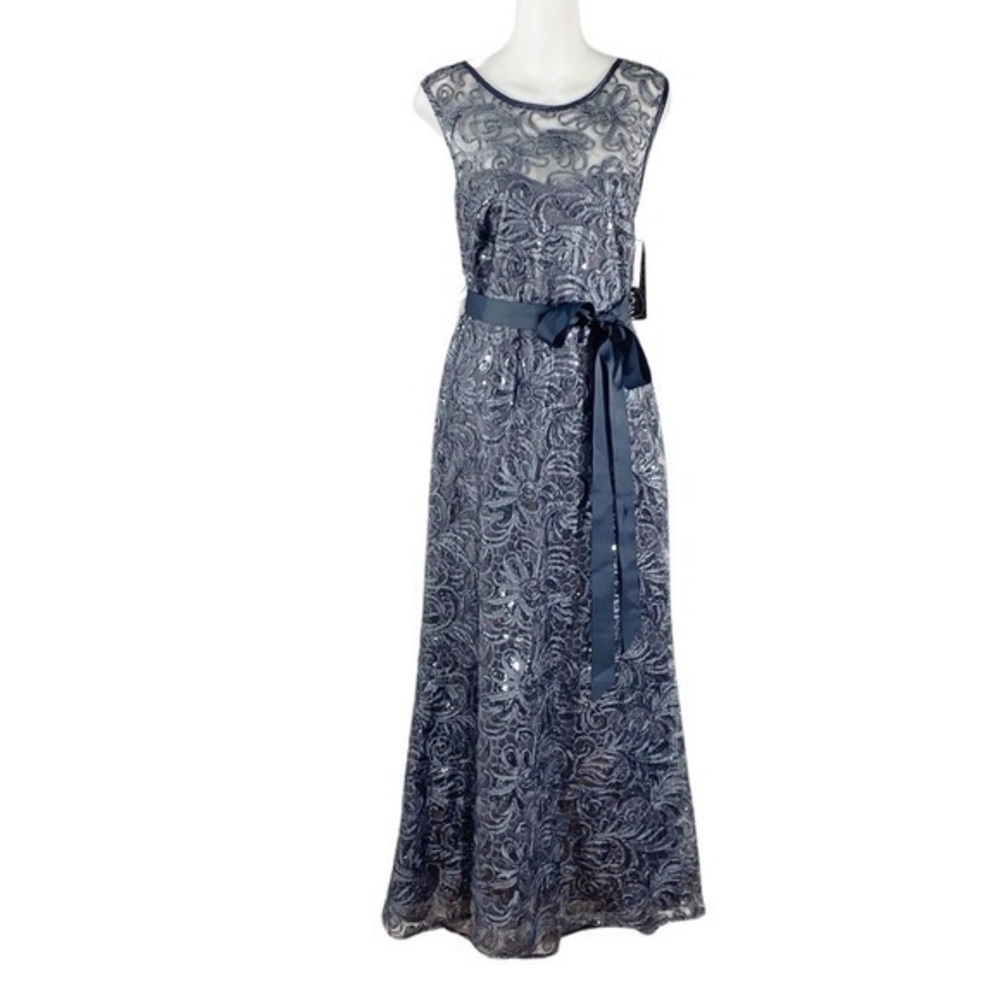NWT Betsy and Adam Gunmetal Lace Sequin Belted Formal Gown 8P DD5